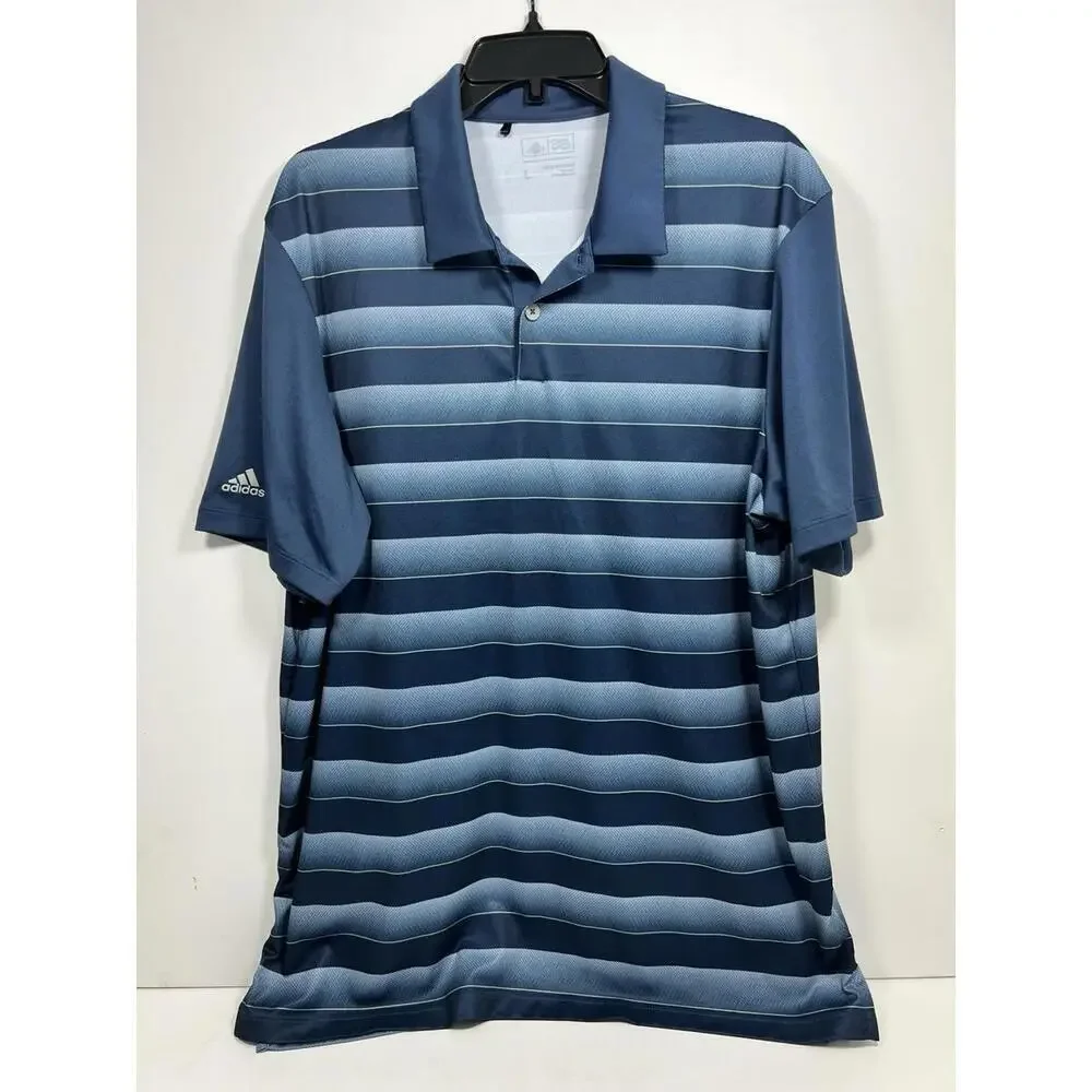 Adidas Golf Polo Shirt Men’s Large Performance Blue Stripe Lightweight